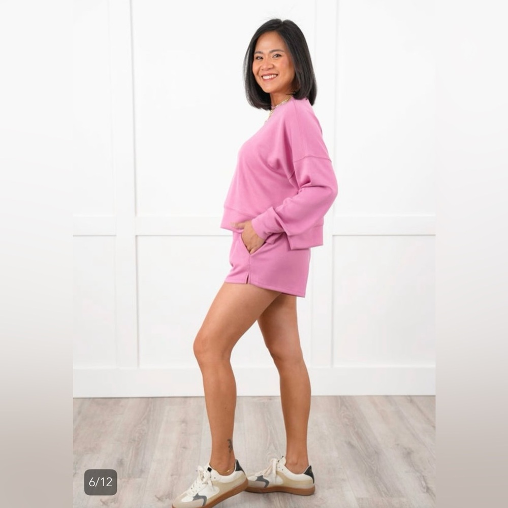 💗ZENANA• Pink Scuba Long Sleeve Scoop Neck Sweater and Shorts Set - Picture 2 of 8